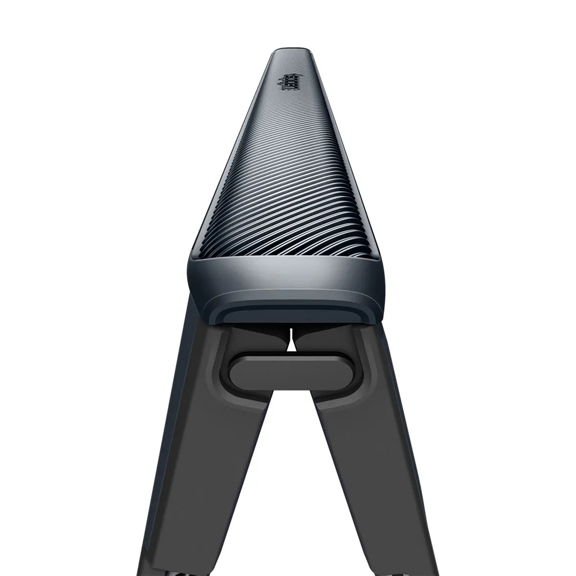 Front view of a gray soundbar with a ribbed top design and integrated stands, set against a white background.