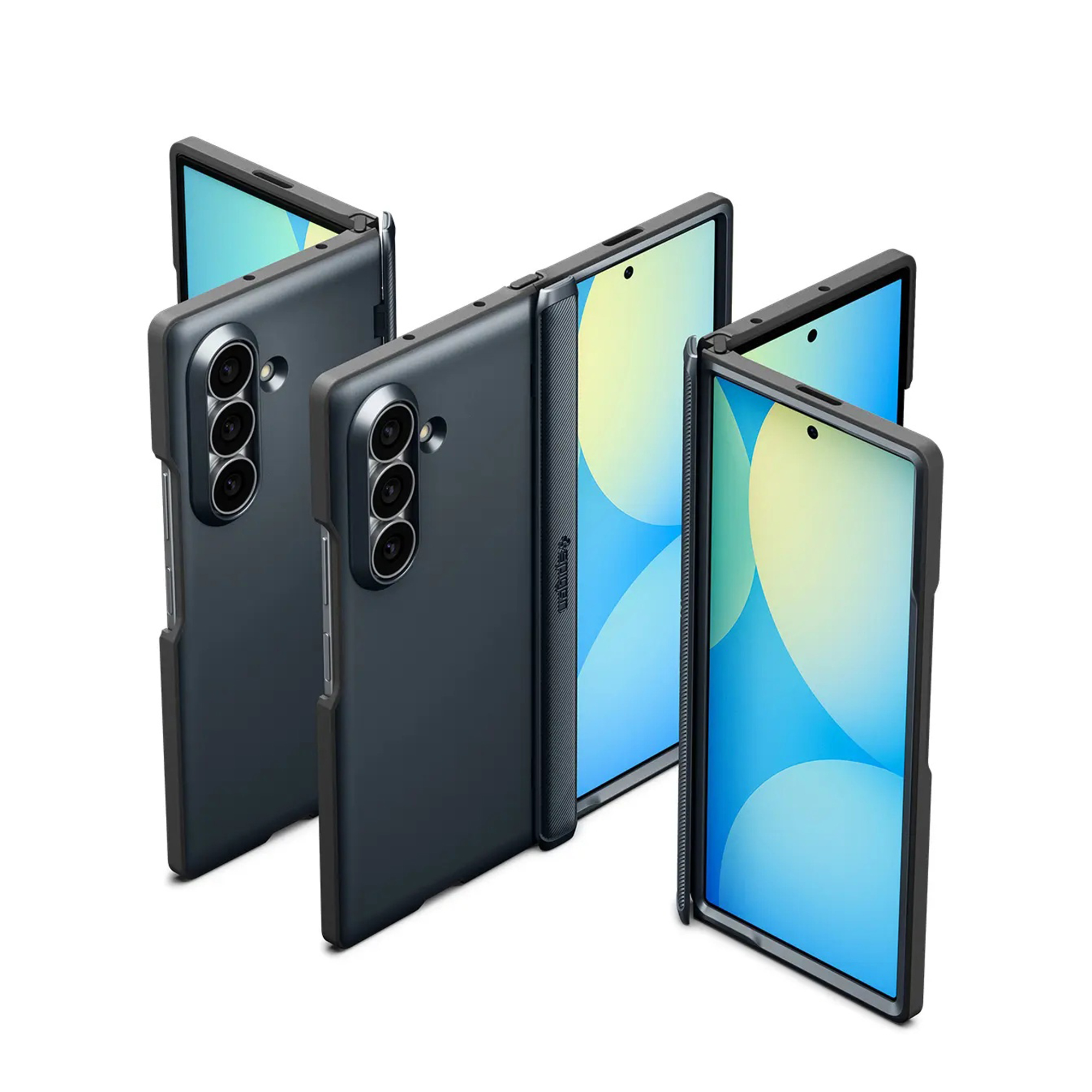 Three dark grey foldable smartphones with cases at different opening angles on white background.