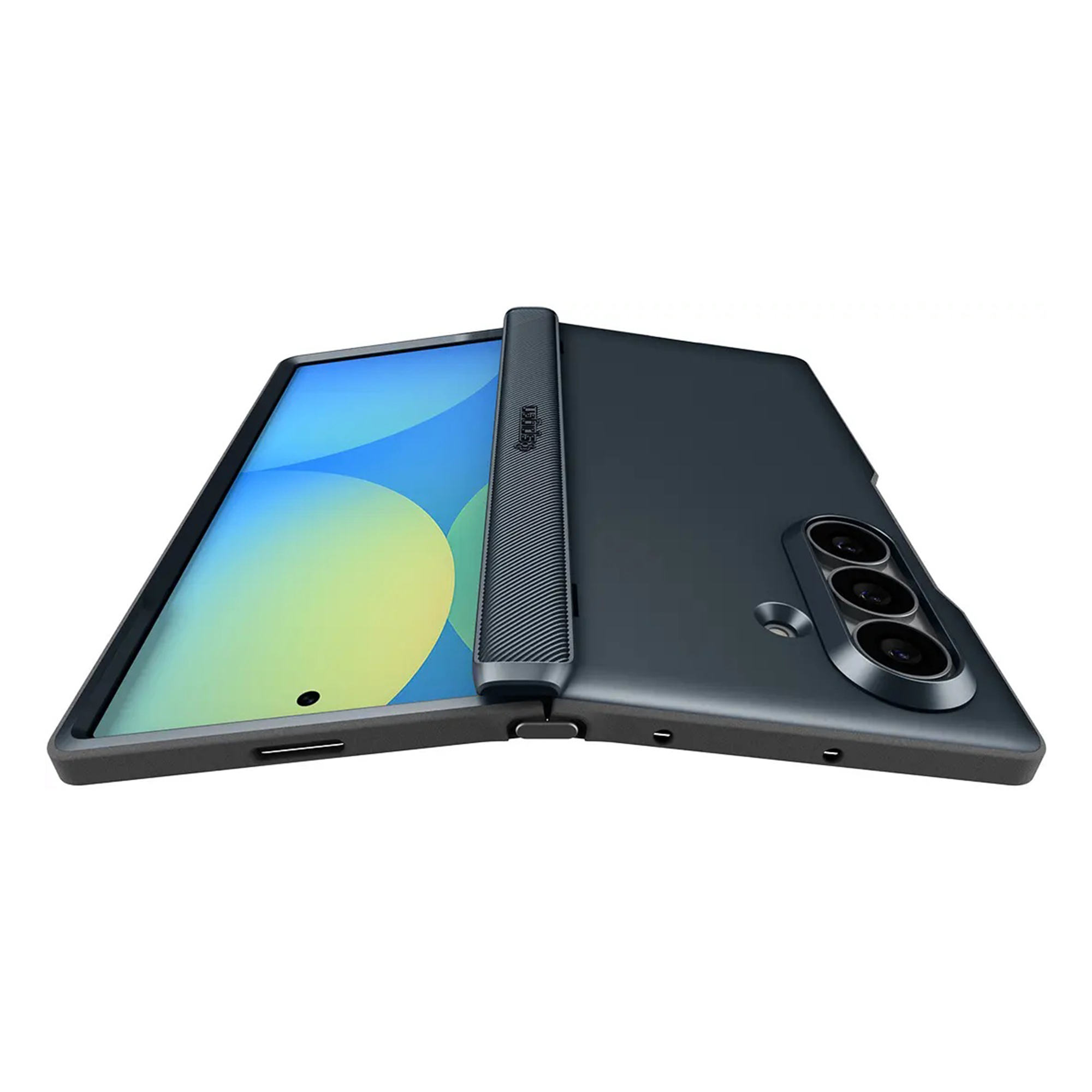 A grey foldable smartphone with a blue screen and vertical triple camera lies on a white background.