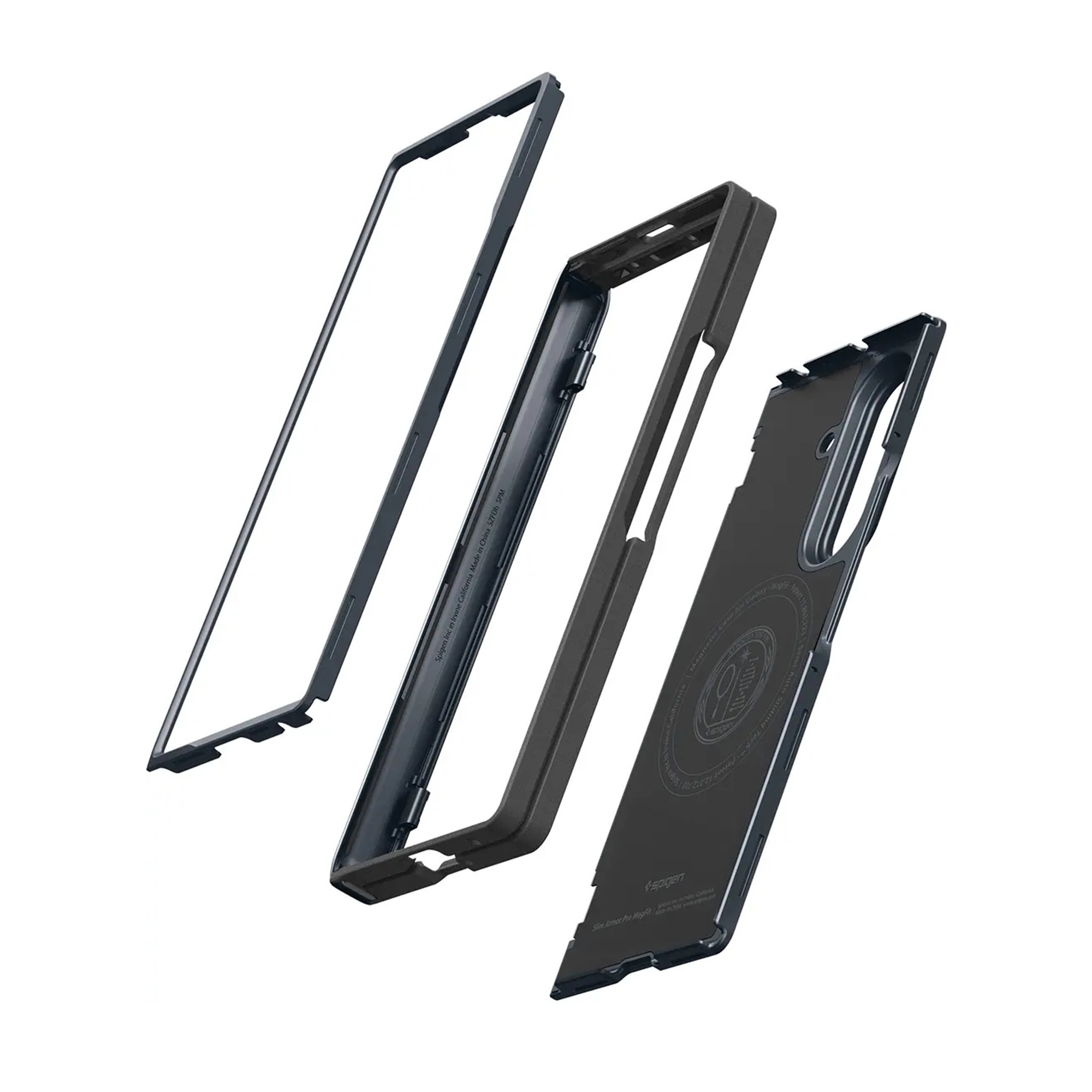 An exploded view of a dark smartphone case showing its front frame, hinge cover, and back panel parts.