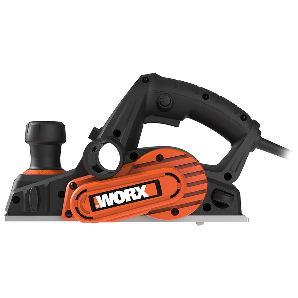 Beyaz arkaplanda siyah ve turuncu Worx elektrikli el planyası.