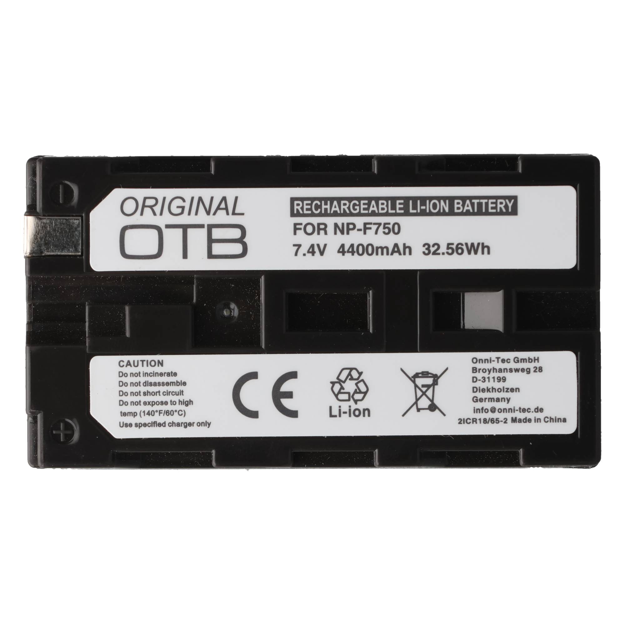 Schwarze OTB Li-Ion-Batterie für NP-F750 mit weißen Etiketten und Warnhinweisen.