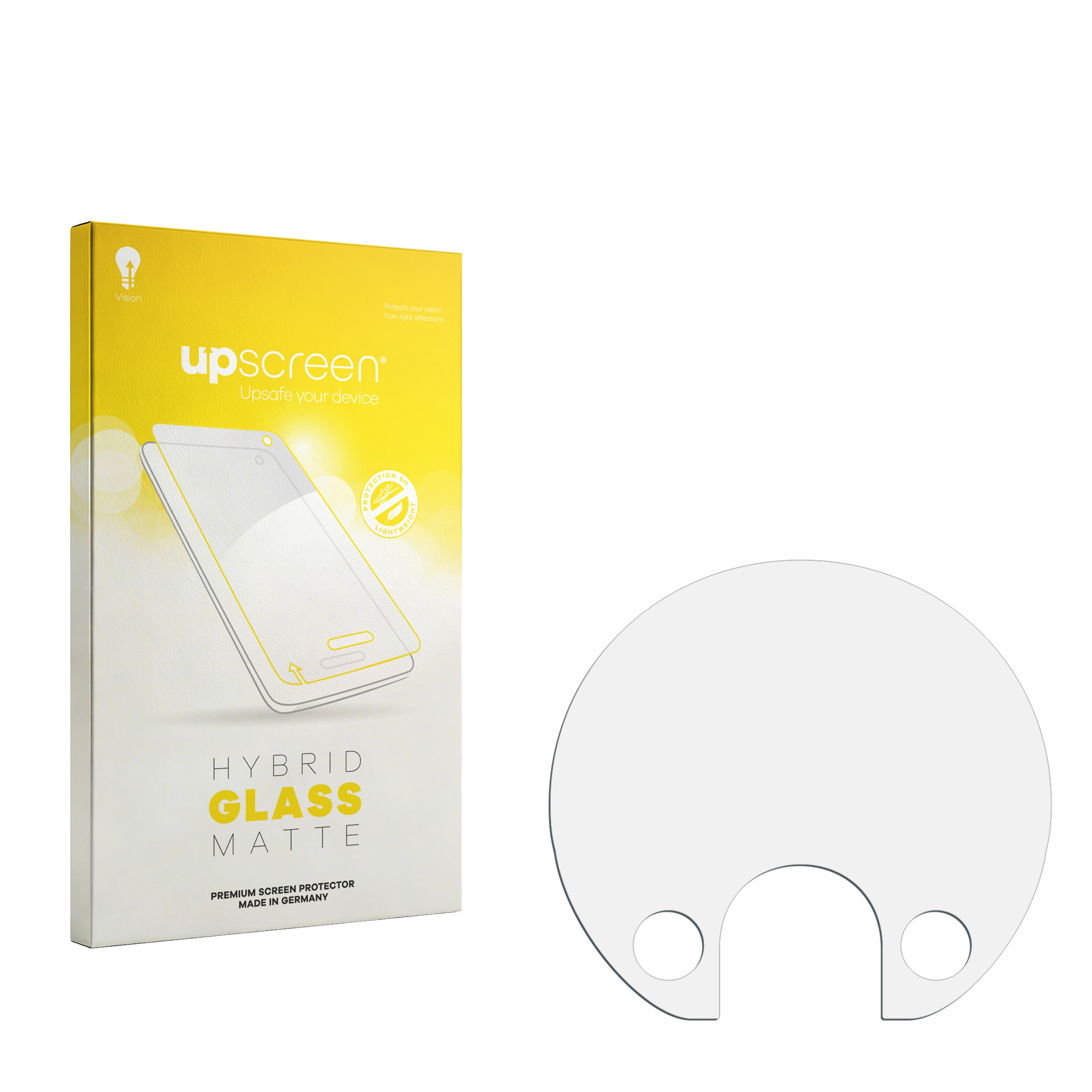 UpScreen Hybridglas Matte Verpackung neben einem runden klaren Displayschutz mit Ausschnitten.