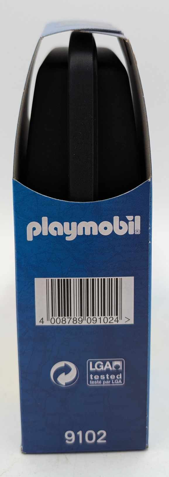 Seitenansicht einer blauen Playmobil-Box mit Logo, Barcode und der Nummer 9102.