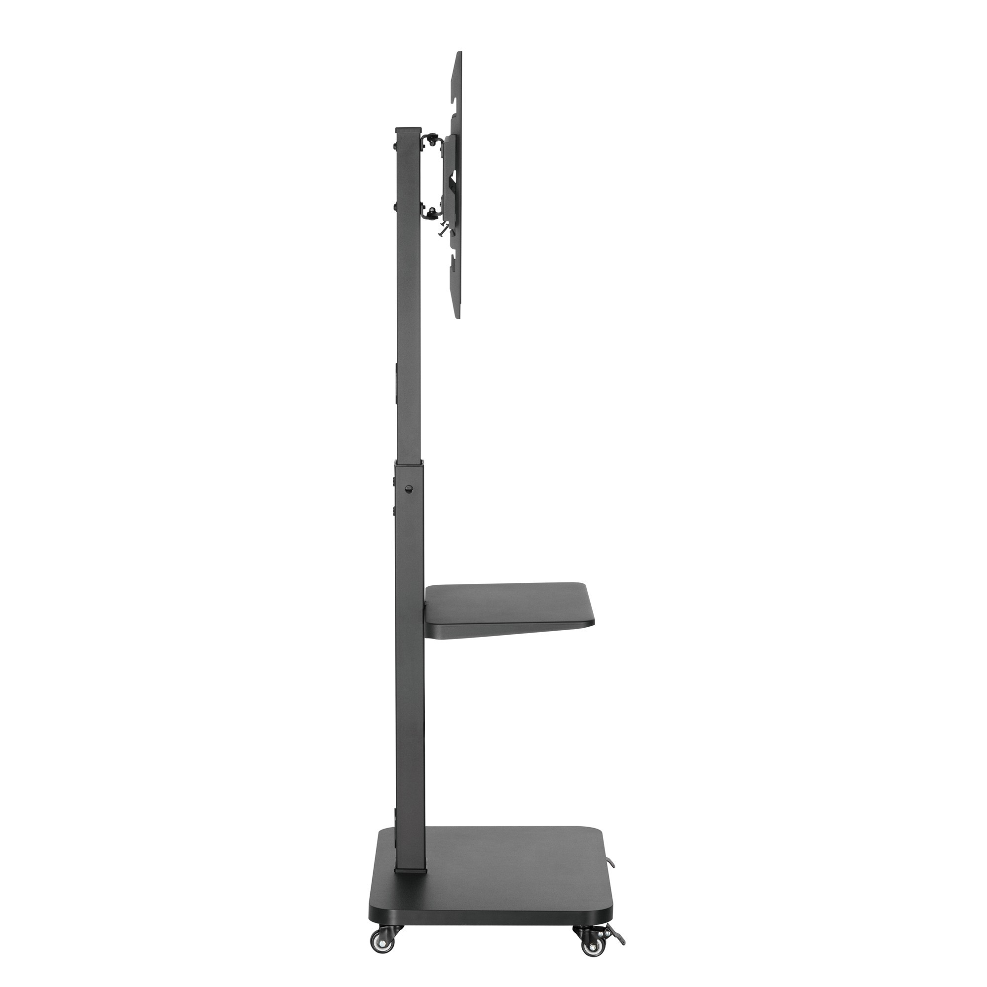 Seitenansicht eines schwarzen TV-Rollwagens aus Metall mit Ablage und Halterung.