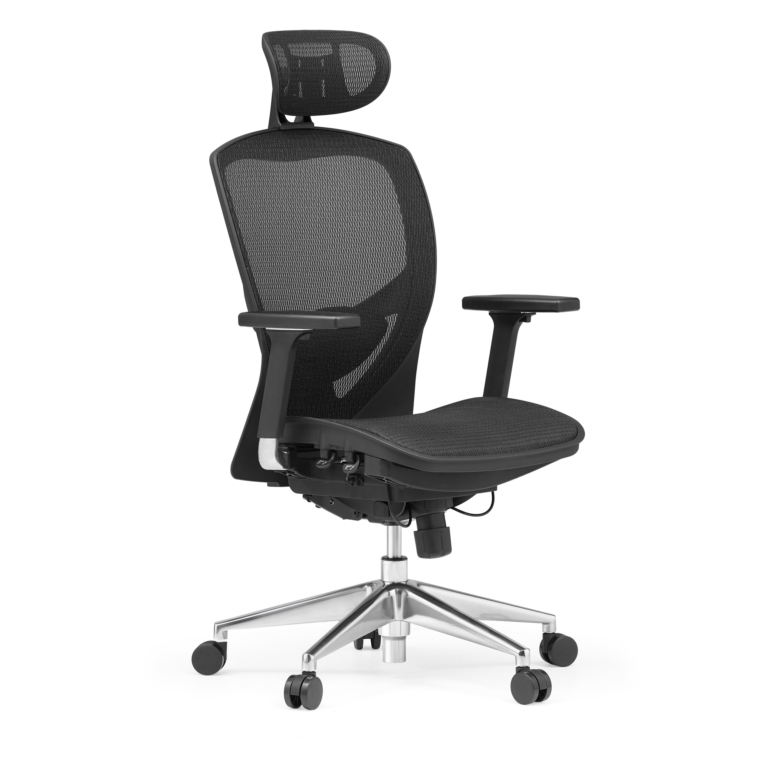 Ein schwarzer ergonomischer Buerostuhl mit Netzen, Kopfstuetze und silbernem Rollfuss.