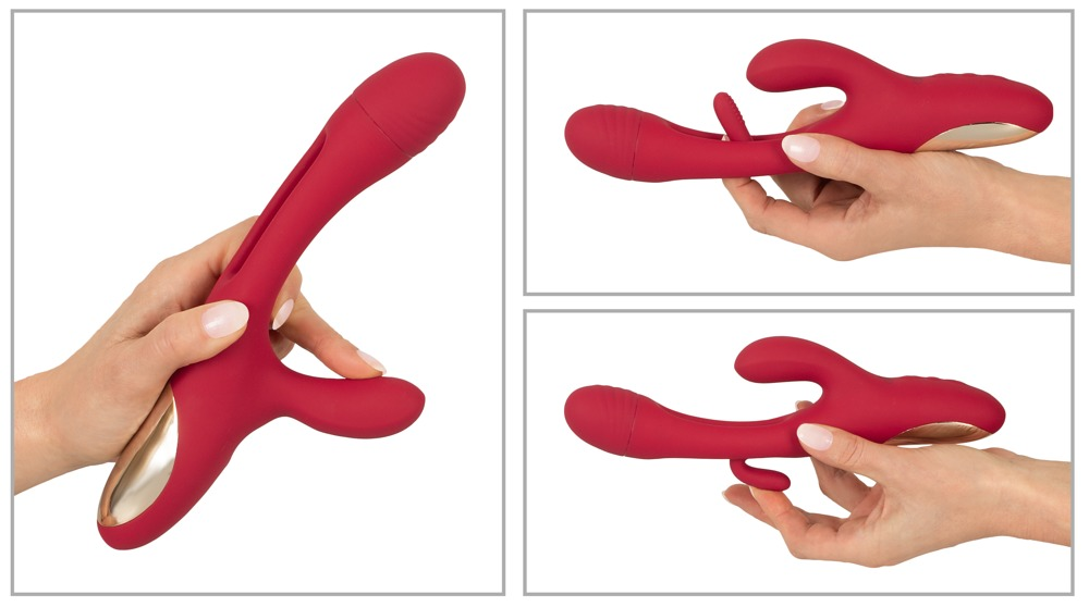 Eine Hand hält ein rotes, modernes Sexspielzeug mit verstellbaren Teilen gegen einen weißen Hintergrund.