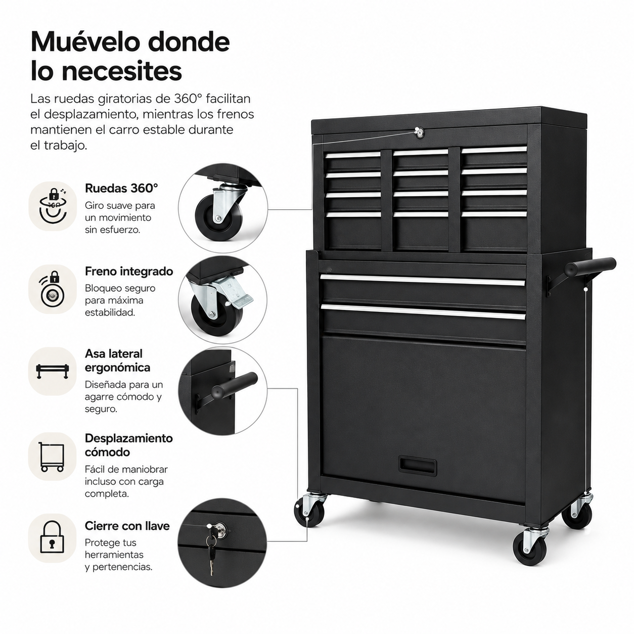 Caja de herramientas negra con ruedas y detalles de ruedas, asa y cerradura.