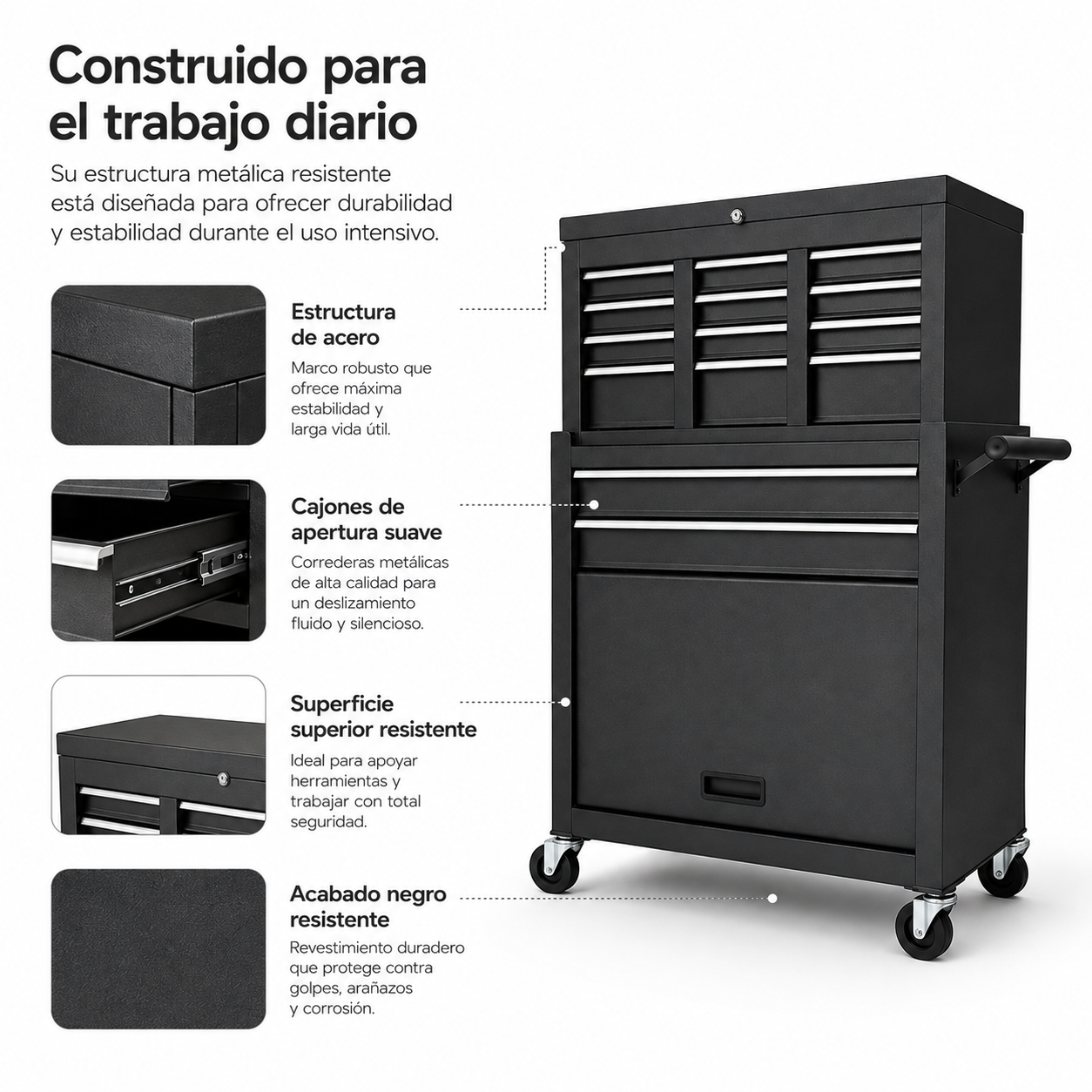 Un carro de herramientas negro con múltiples cajones, ruedas y detalles de su estructura metálica.