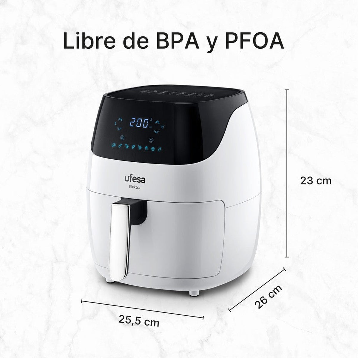 Freidora de aire Ufesa blanca y negra con pantalla digital y dimensiones.