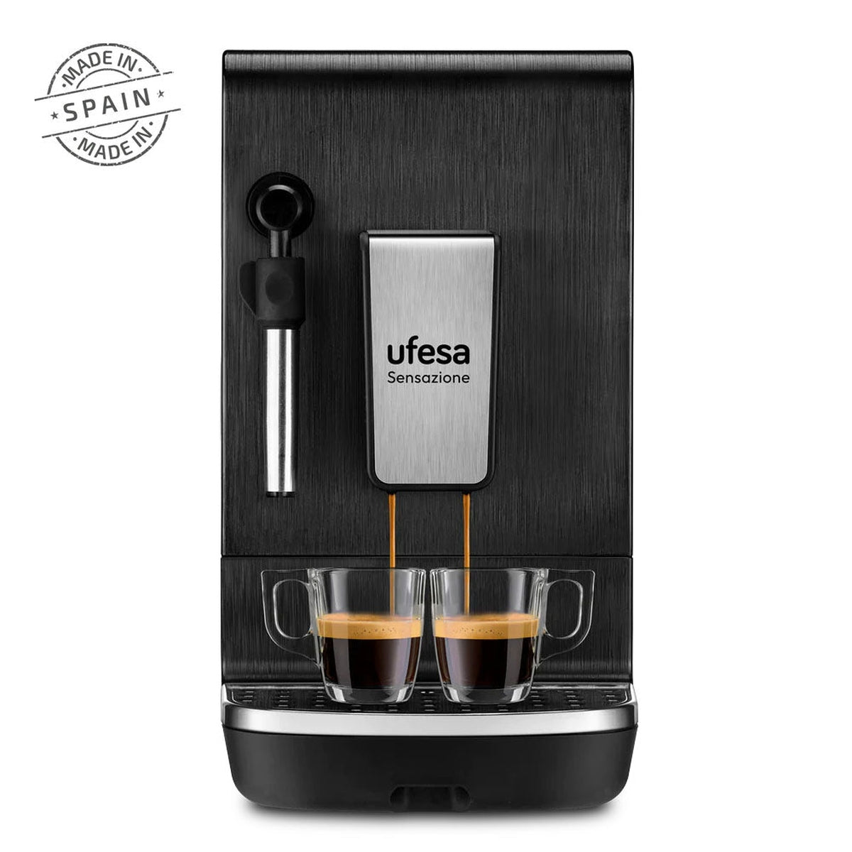 Una cafetera negra Ufesa Sensazione prepara dos tazas de espresso en un soporte con un logotipo Hecho en España.