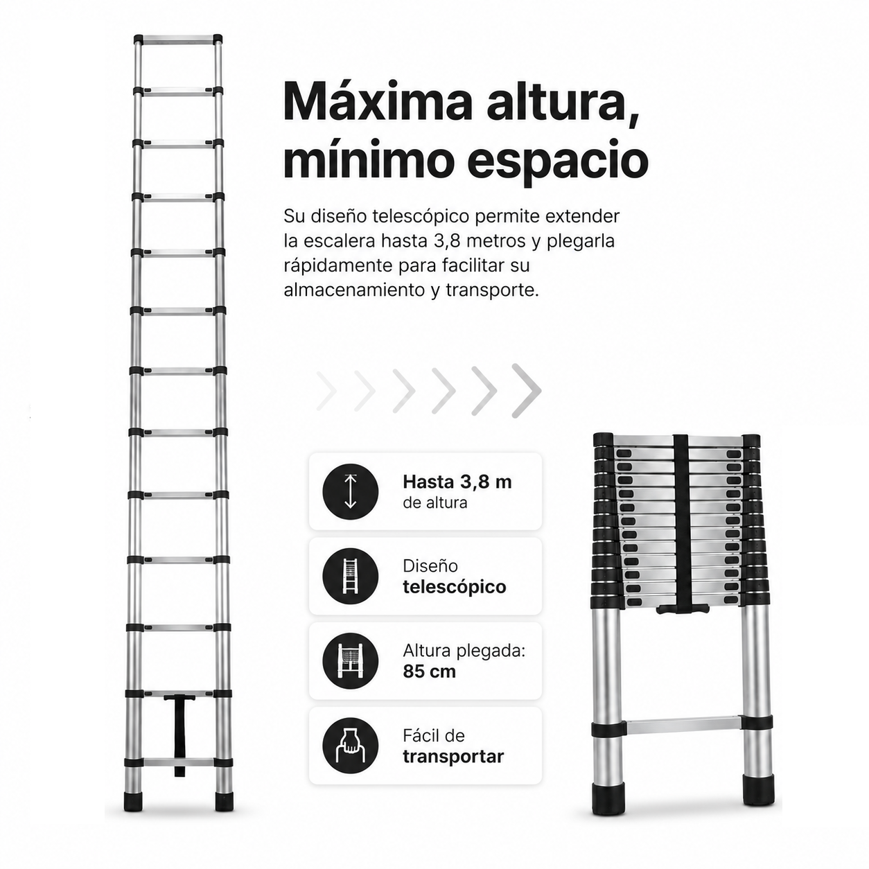 Una escalera telescópica mostrada totalmente extendida y plegada, con texto descriptivo en español.