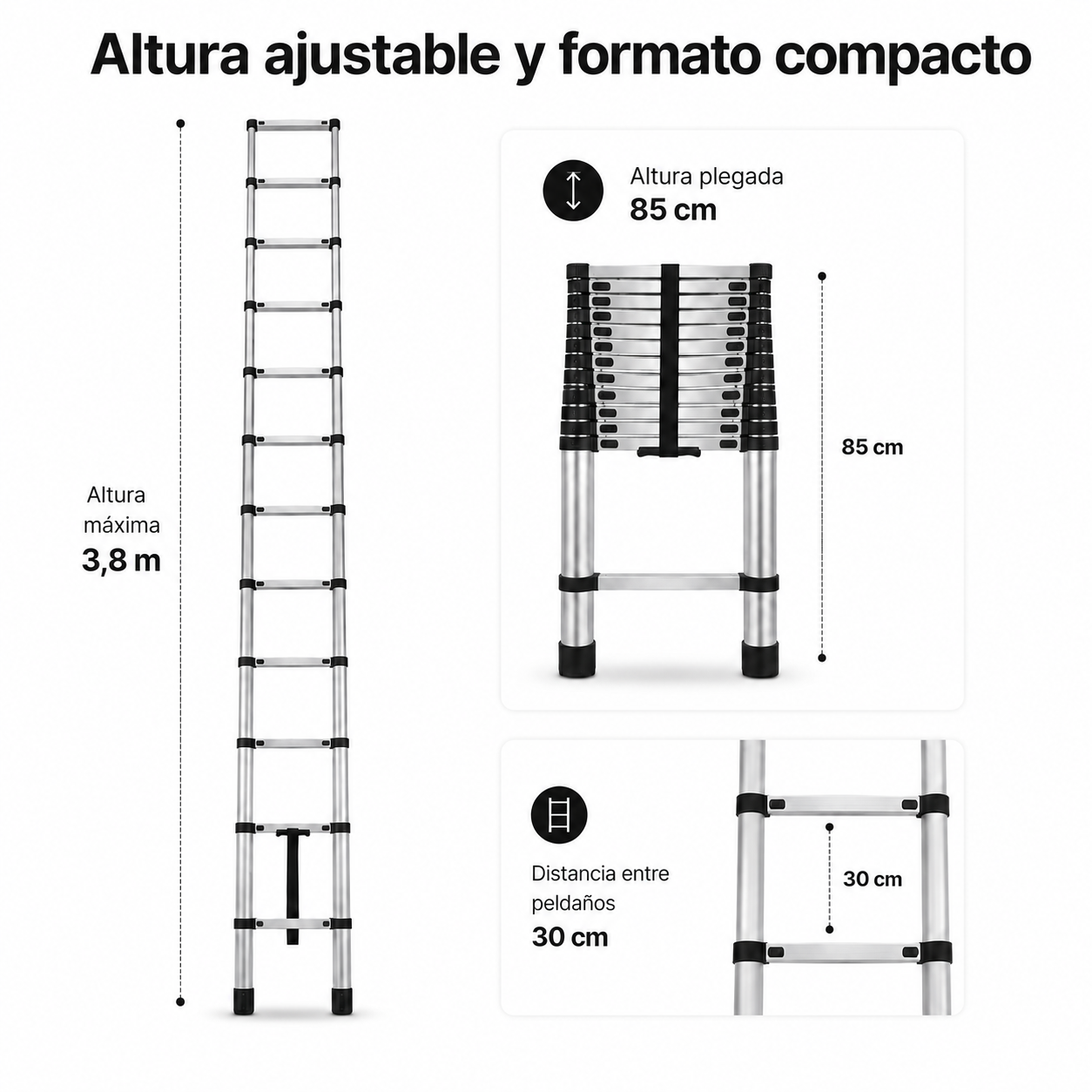 Escalera telescópica de 3,8m de altura máxima, 85cm plegada y 30cm entre peldaños.