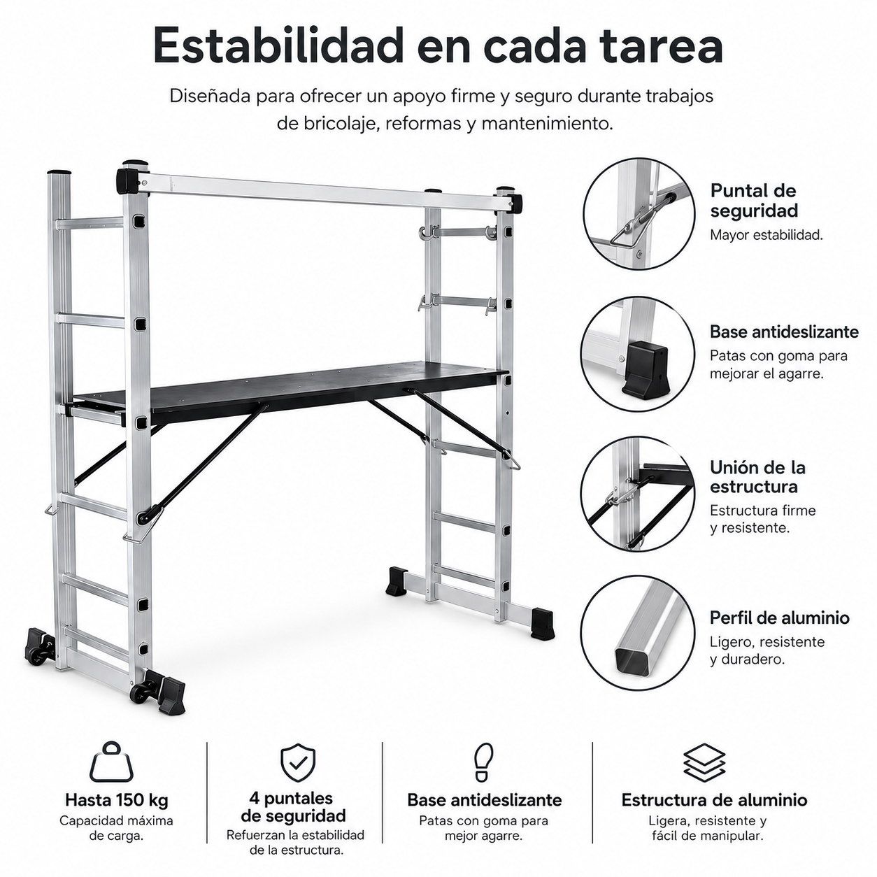 Andamio de aluminio con plataforma y cuatro puntales de seguridad, máx. 150 kg.