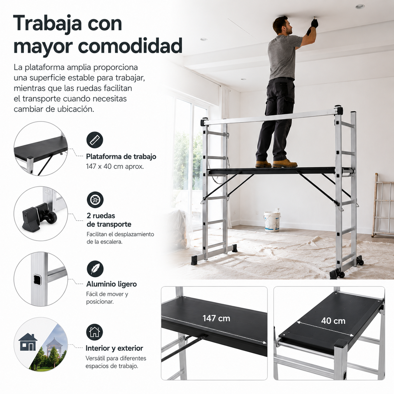 Un trabajador sobre un andamio de interior, con detalles de características del producto y texto.