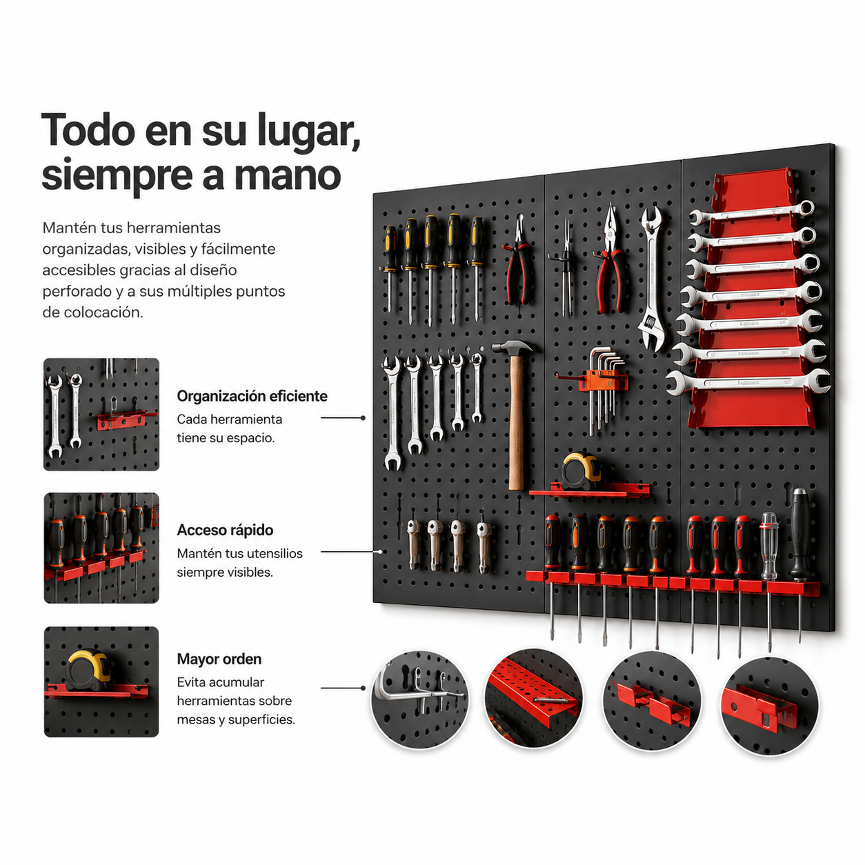 Panel perforado negro con soportes rojos, organizado con destornilladores, alicates y llaves.