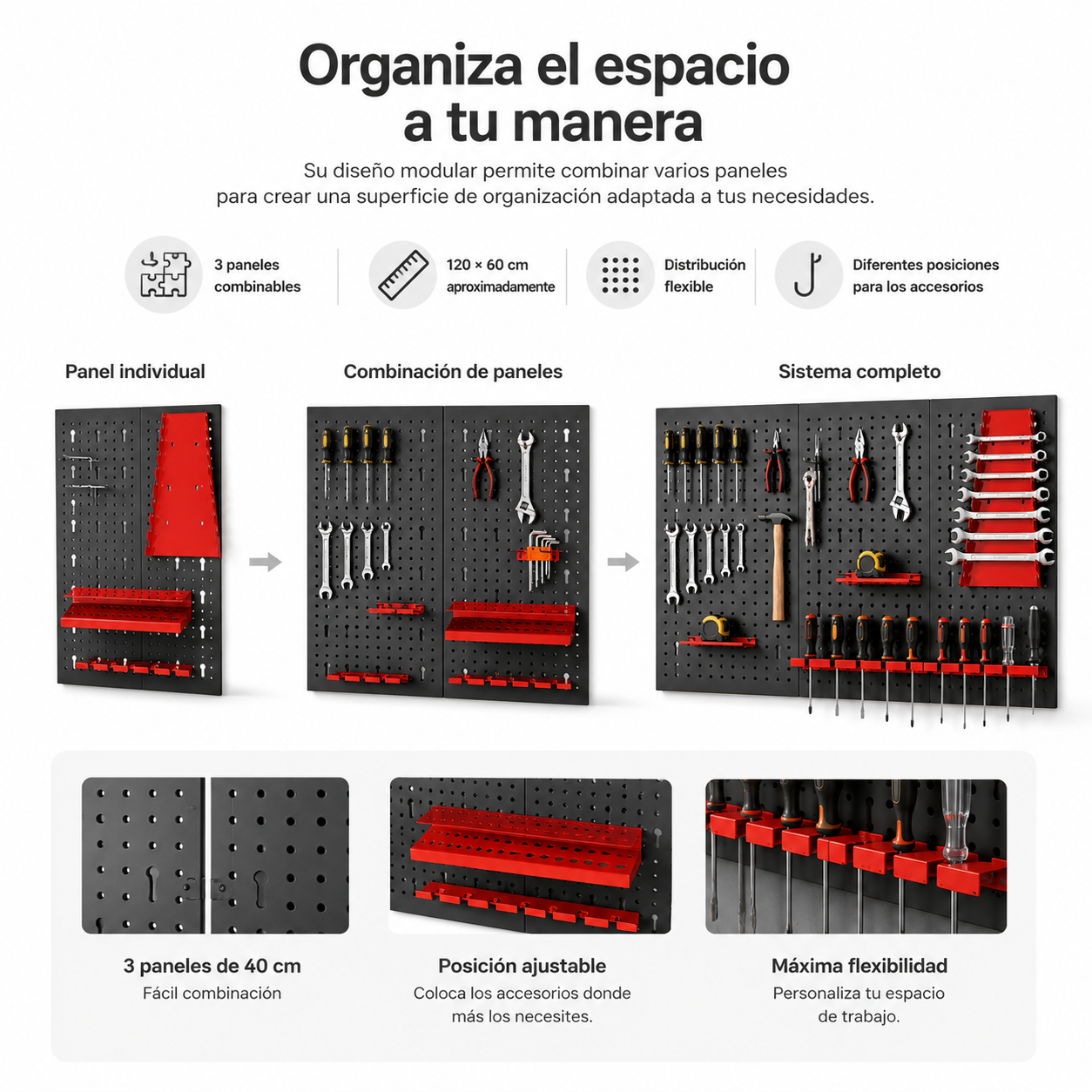 Cartel informativo de paneles perforados negros modulares con accesorios rojos para organizar herramientas.