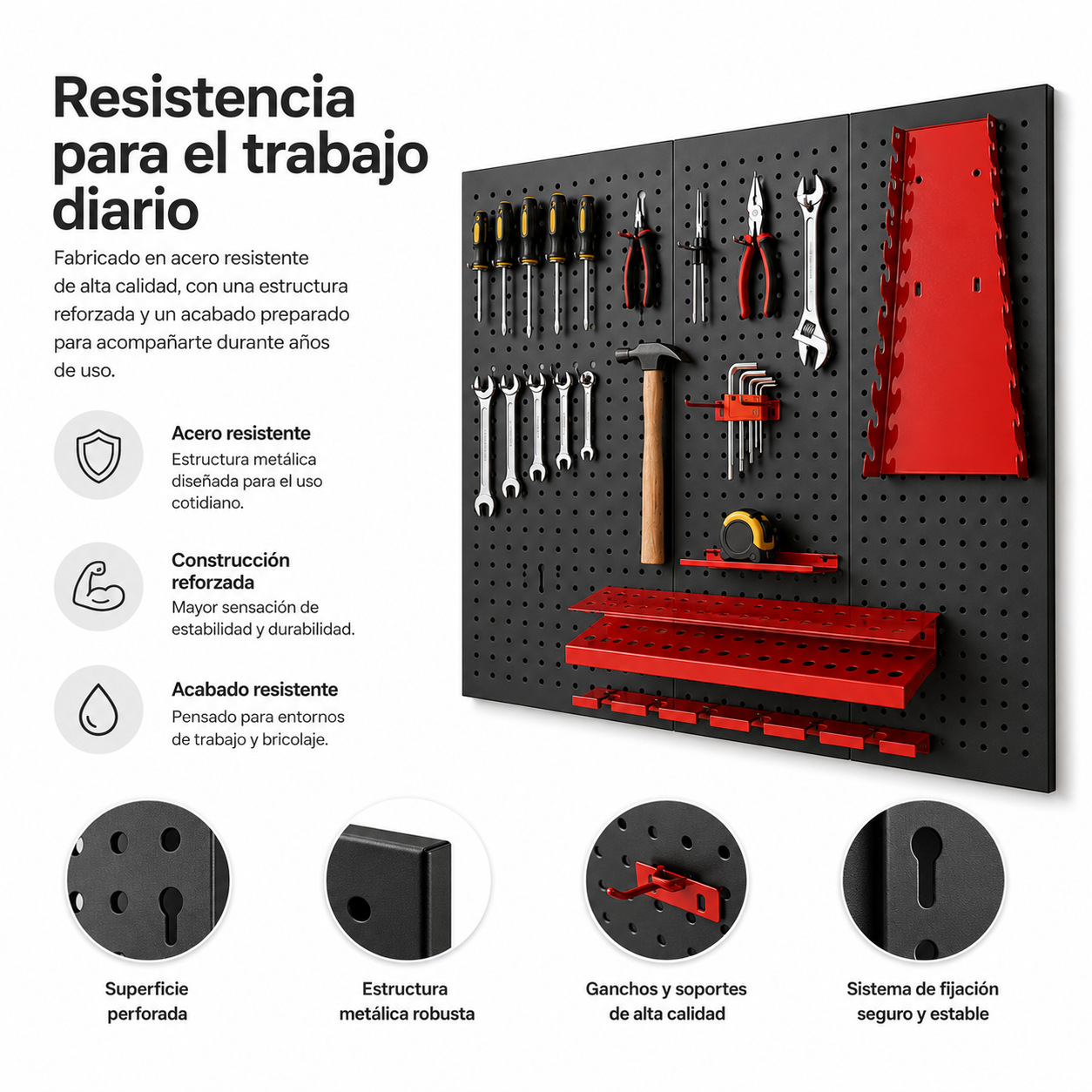 Panel perforado negro con herramientas rojas, destornilladores, alicates y llaves, acompañado de texto.