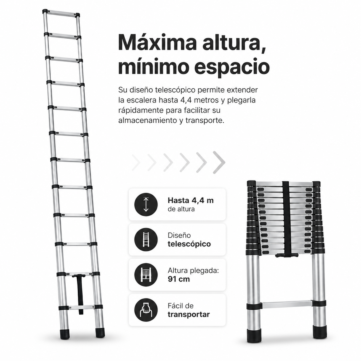 Una escalera telescópica extendida a la izquierda y otra plegada a la derecha con texto descriptivo.