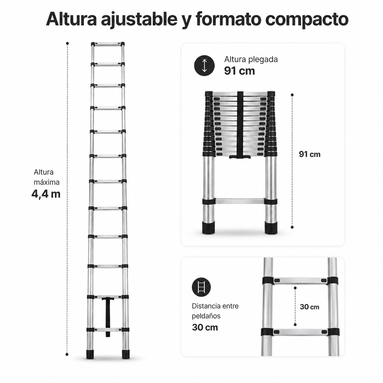 Escalera telescópica de 4.4m máx altura, 91cm plegada y 30cm entre peldaños.