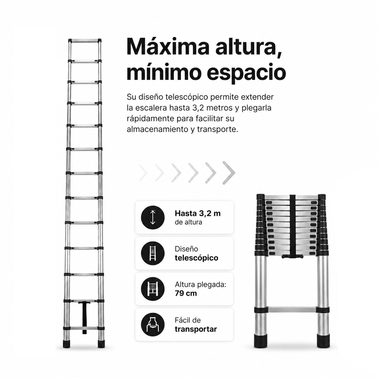 Escalera telescópica de 3,2 m totalmente extendida a la izquierda y plegada a la derecha con iconos.