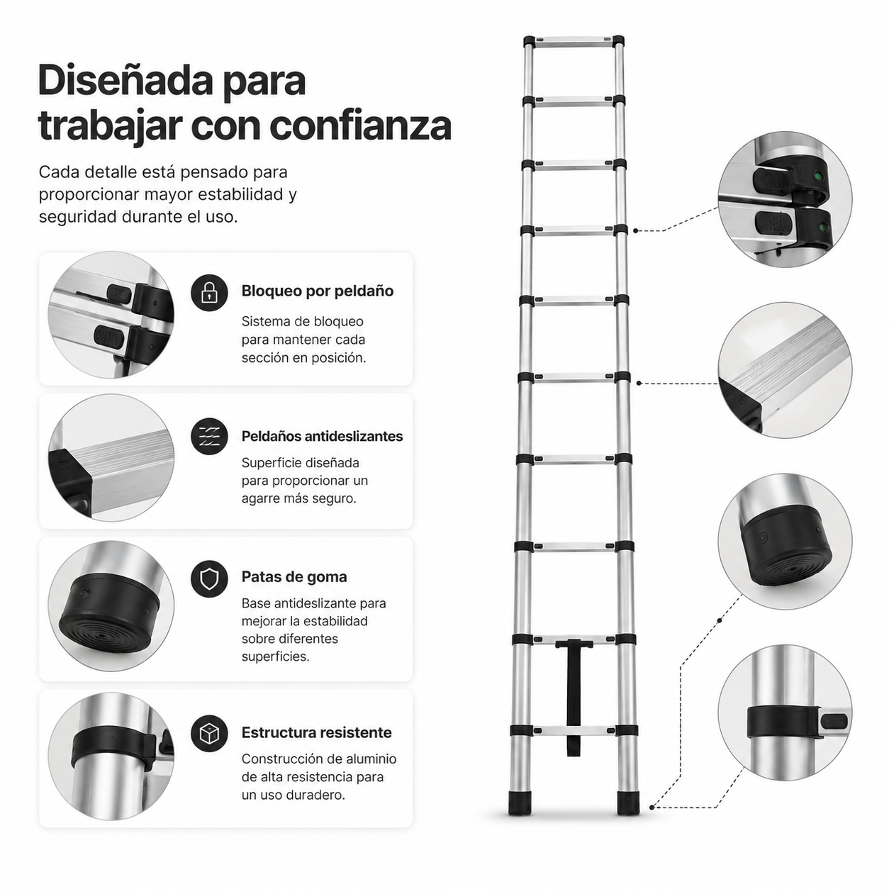 Escalera telescópica de aluminio con detalles sobre seguridad, peldaños antideslizantes y patas de goma.