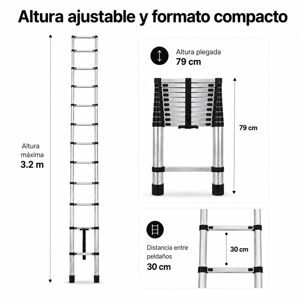 Diagrama de escalera telescópica de 3.2m de altura máx., 79cm plegada y 30cm entre peldaños.