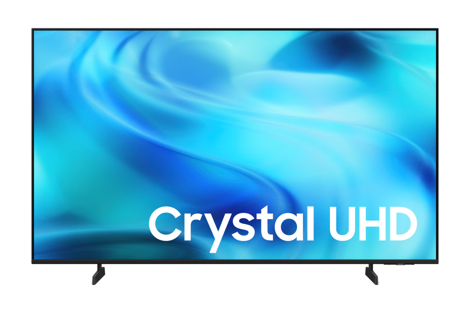 Un televisore che mostra uno sfondo astratto blu con il testo Crystal UHD.