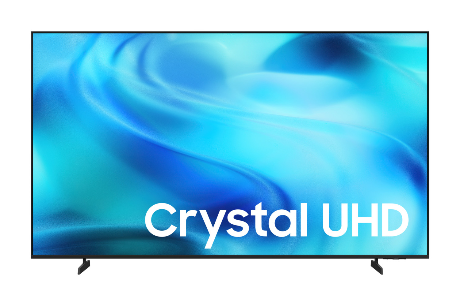Una TV Crystal UHD nera mostra uno sfondo astratto blu su sfondo bianco.