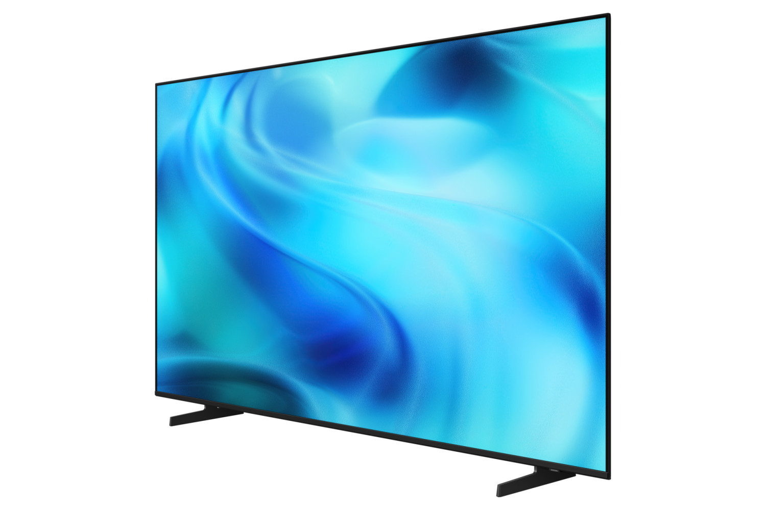 Una TV elegante con cornice nera e supporti mostra una grafica astratta blu brillante.