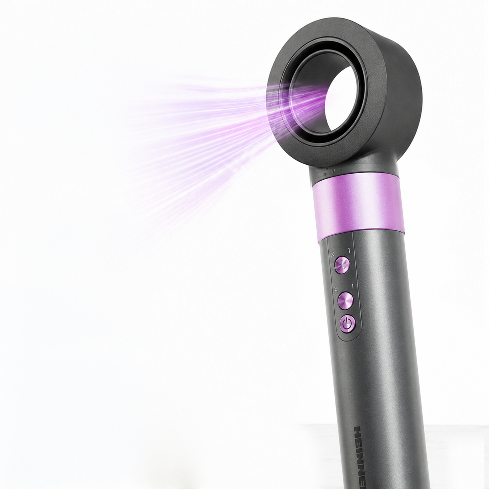 Moderne graue und violette Haartrockner ohne Rotorblätter mit violettem Luftstrom auf weißem Hintergrund.