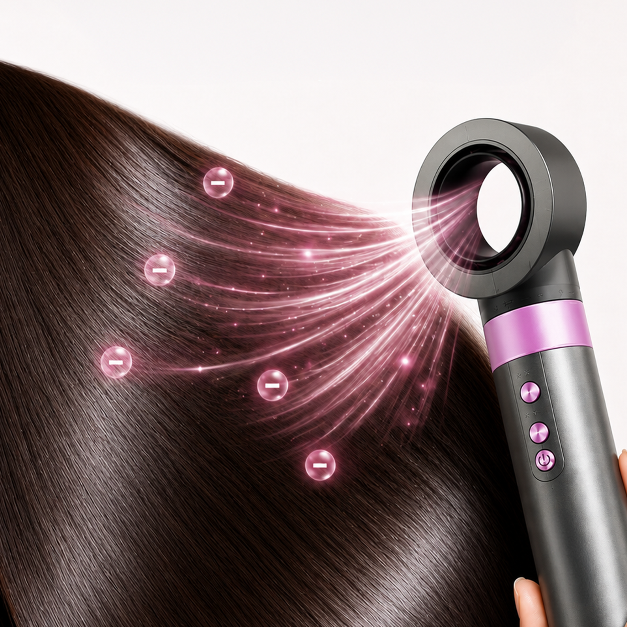 Ein moderner Haartrockner bläst Luft auf glänzendes, braunes Haar, dargestellt mit negativen Ionen.