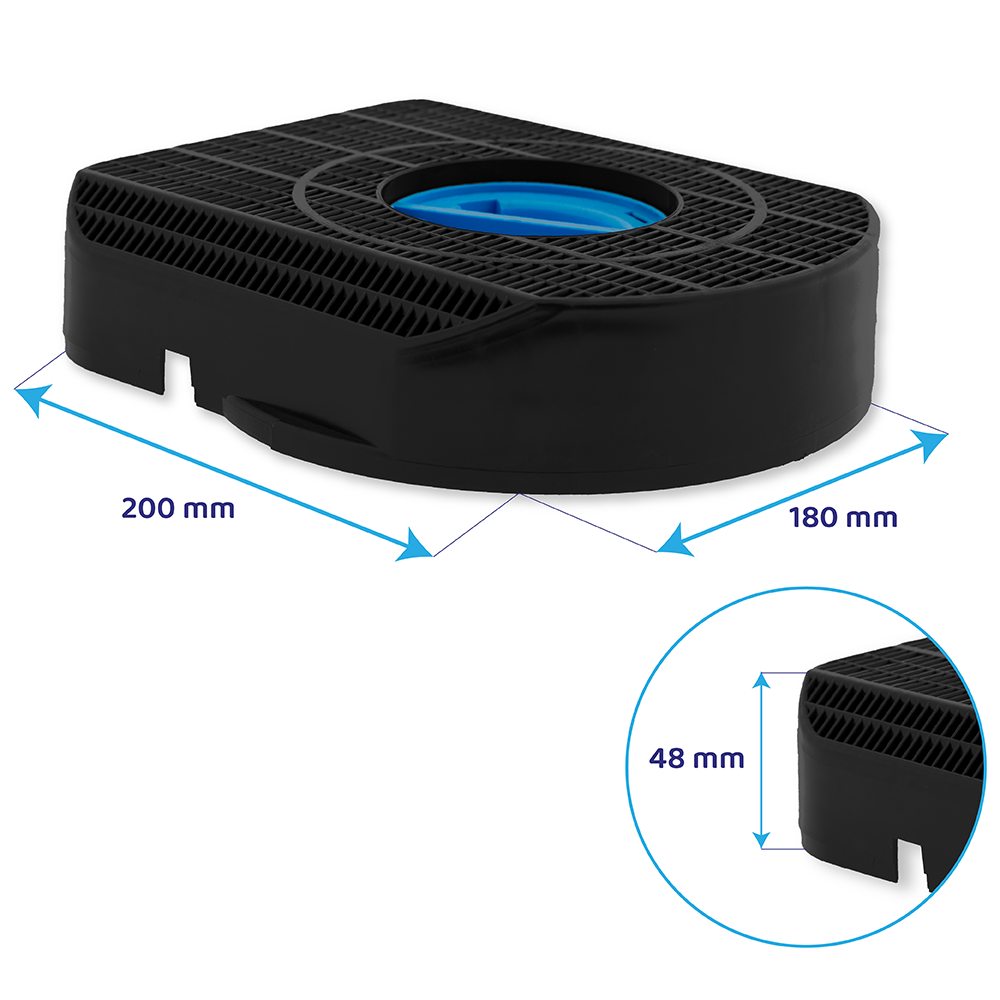 Filtro rettangolare in plastica nera con centro blu, largo 200 mm, profondo 180 mm e alto 48 mm, su sfondo bianco.