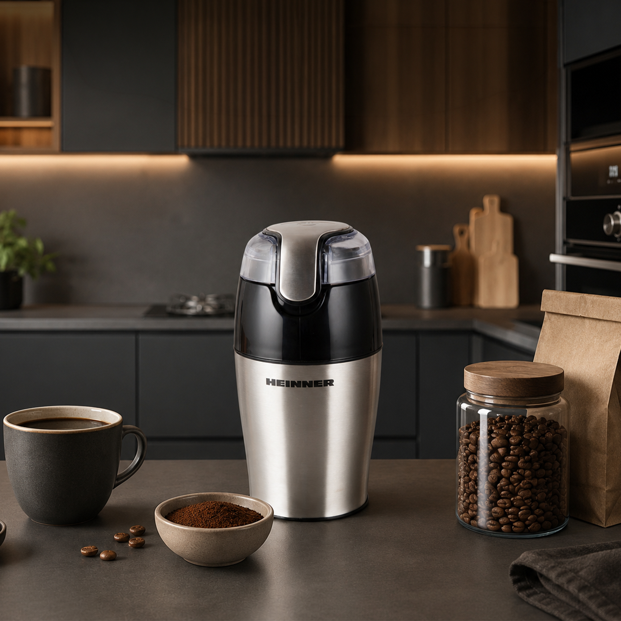 Eine Heinner Kaffeemühle steht auf einer dunklen Küchentheke neben einer Kaffeetasse, Kaffeepulver und Bohnen.