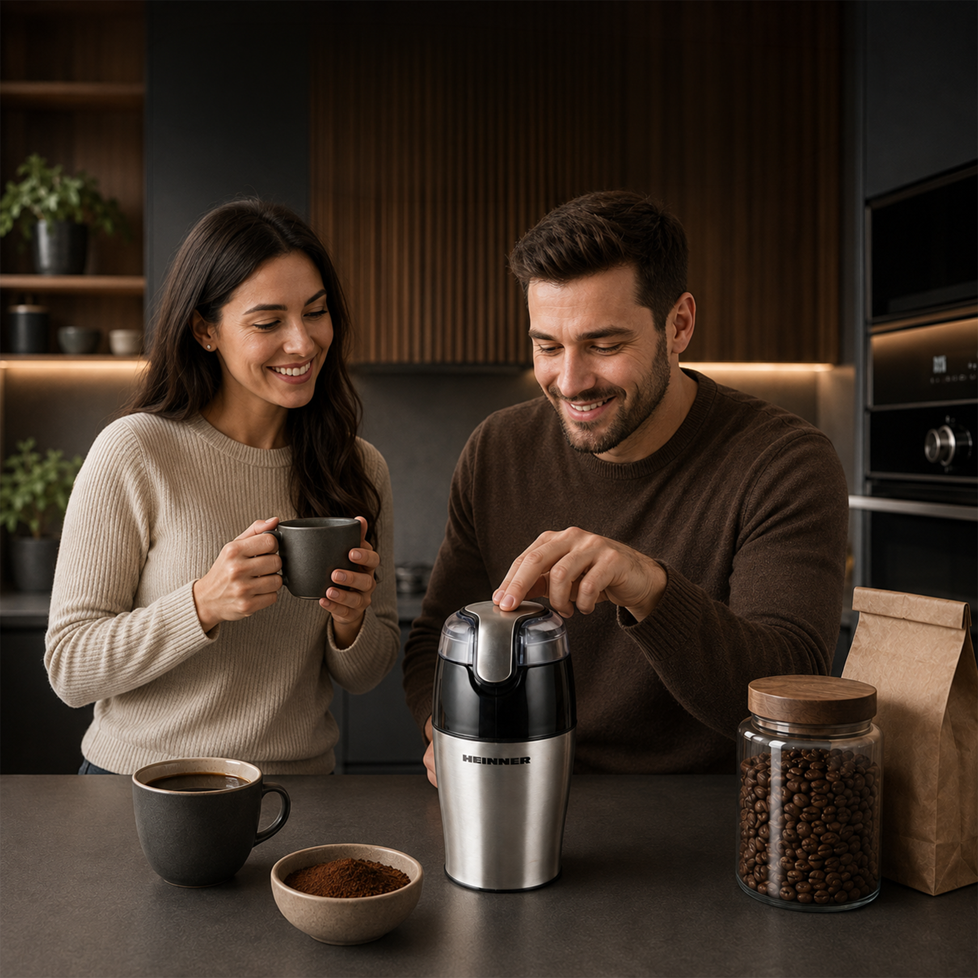 Ein lächelndes Paar benutzt eine Heinner Kaffeemühle in einer modernen Küche mit Tassen, Kaffeemehl und Bohnen.