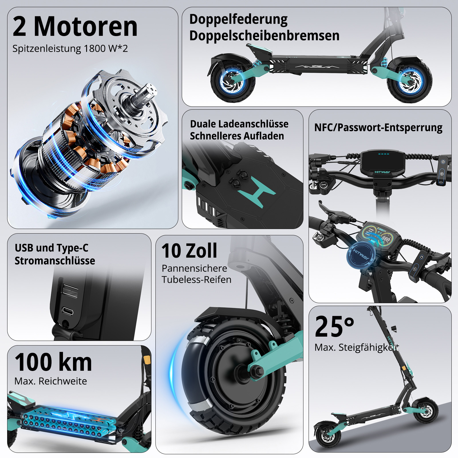 Technische Details eines E-Scooters mit Doppelmotor, Akku, Federung und Reifen.