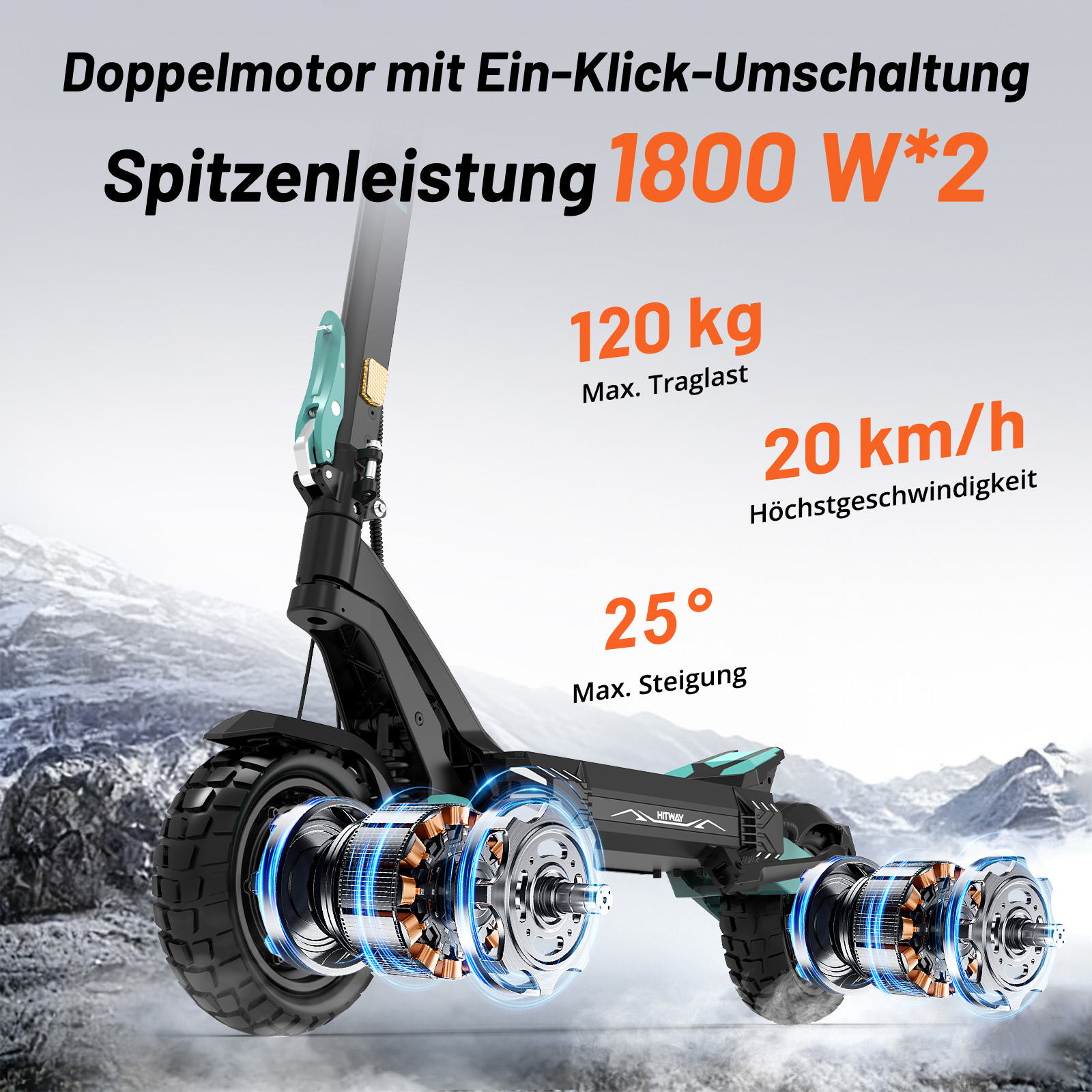 E-Scooter mit Doppelmotor, 1800W Leistung, 120kg Traglast, 20 km/h und 25 Grad Steigung.