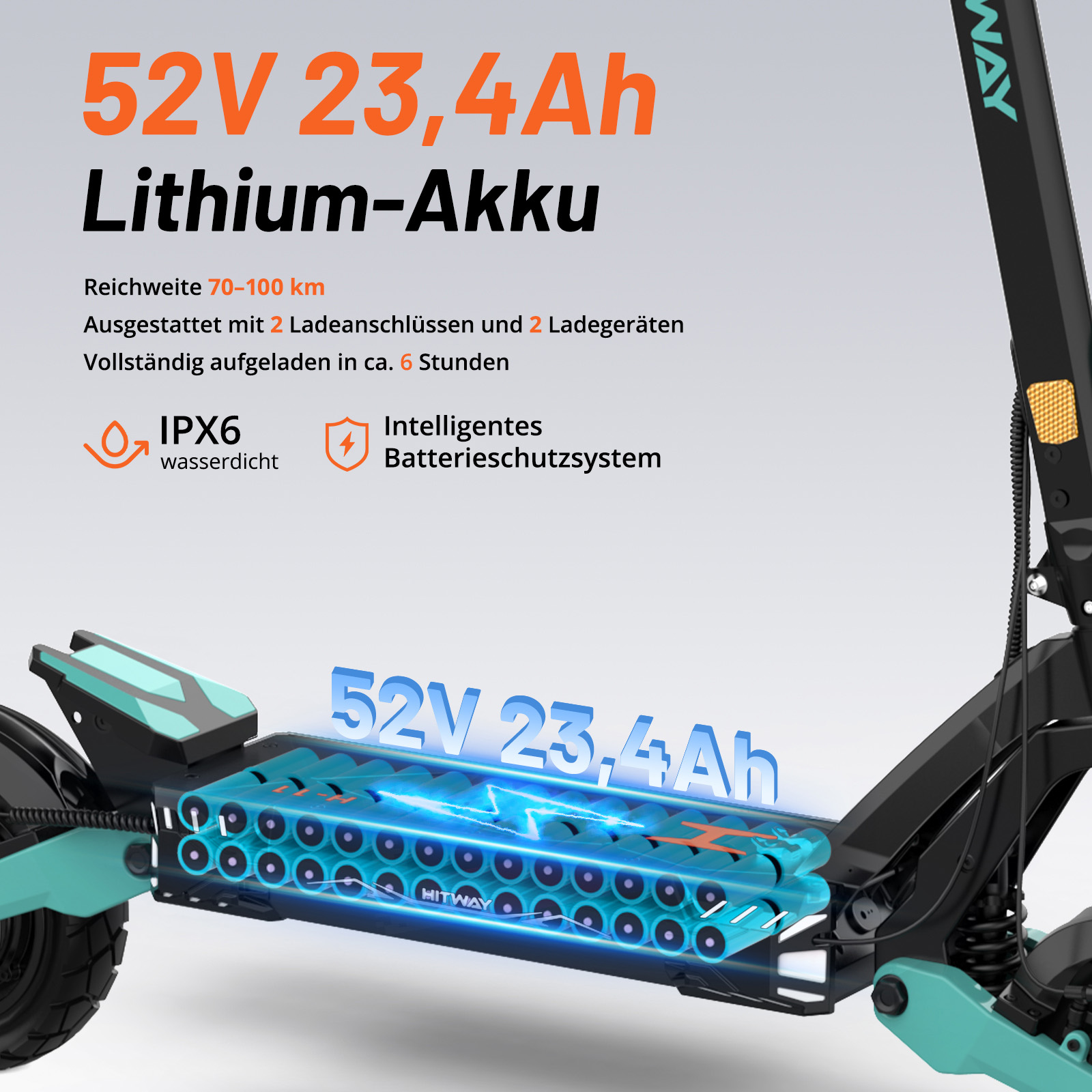 Elektroroller mit einem 52V 23,4Ah Lithium-Akku, IPX6 Wasserdichtigkeit und intelligentem Schutzsystem.