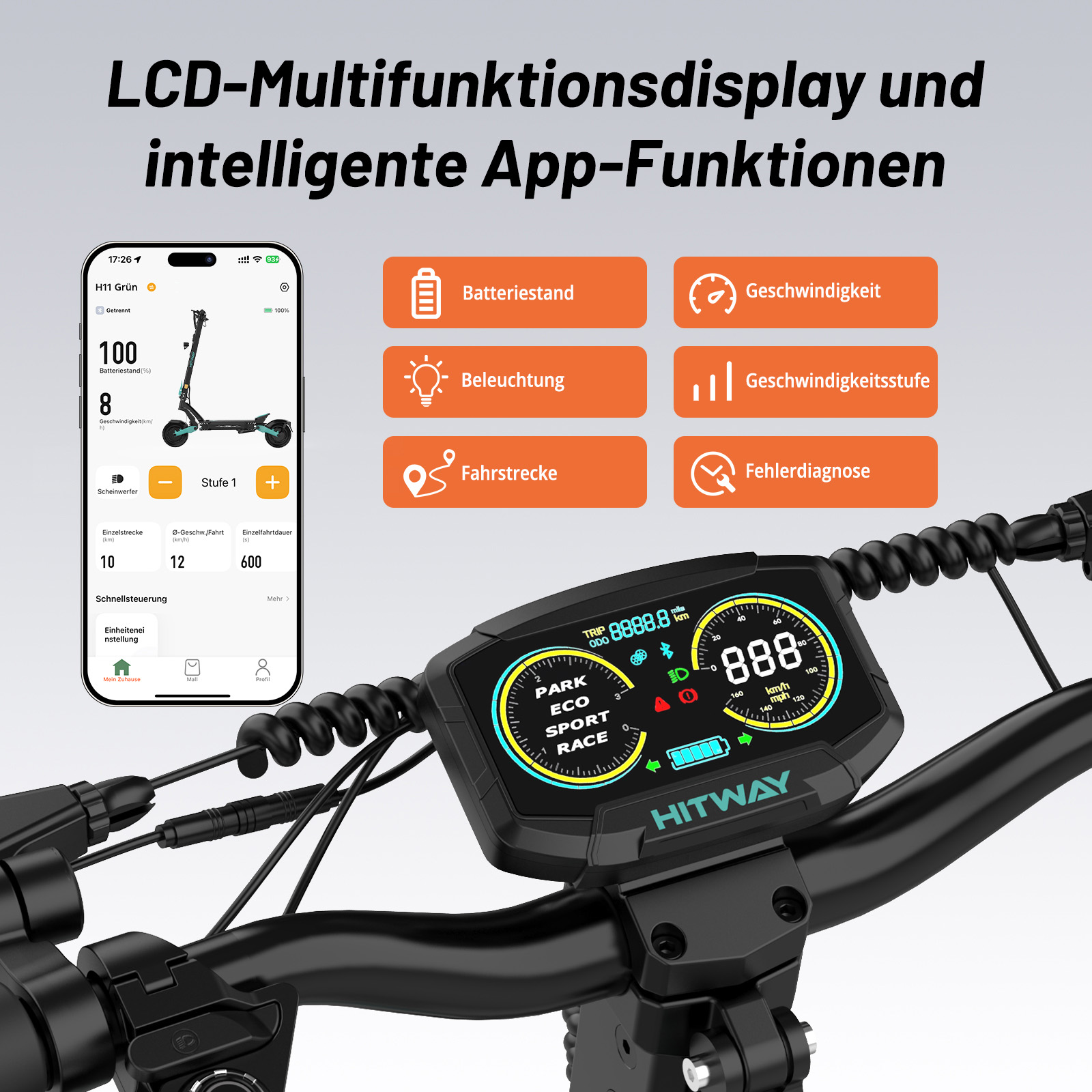LCD-Display des E-Scooters und Smartphone-App mit verschiedenen Funktionen.