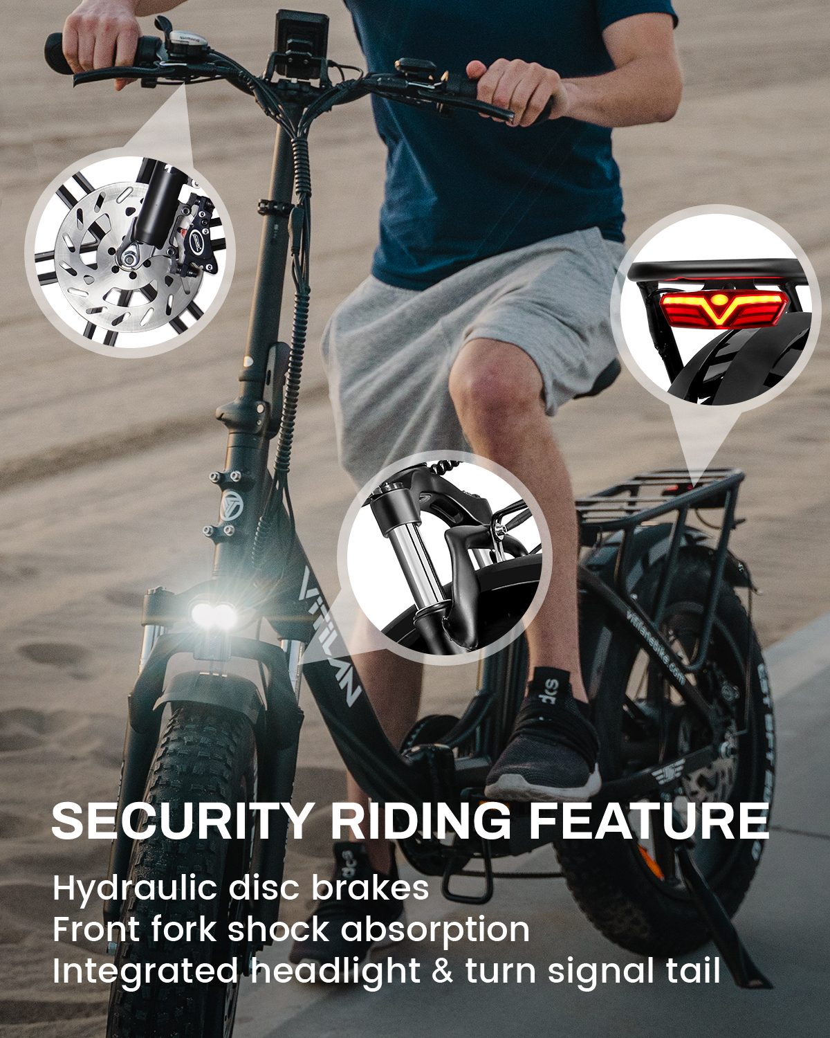 Persona montando en e-bike con inserciones de frenos de disco hidráulicos, horquilla y luz trasera.
