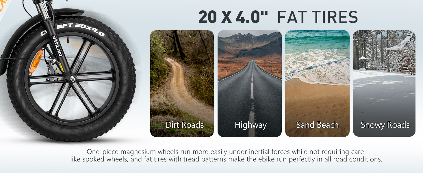 Un neumático ancho de bicicleta eléctrica y cuatro imágenes de diferentes terrenos como arena y nieve.