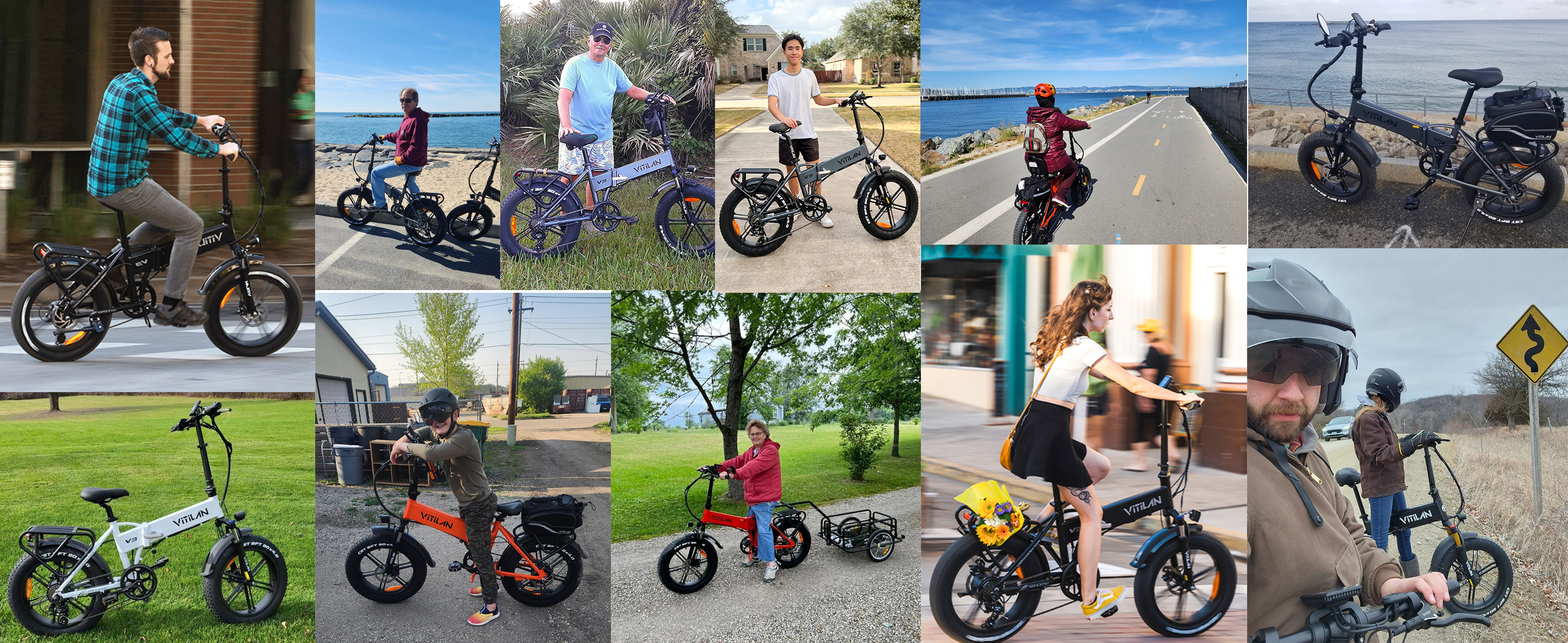 Un collage que muestra a varias personas montando bicicletas eléctricas en diferentes entornos.