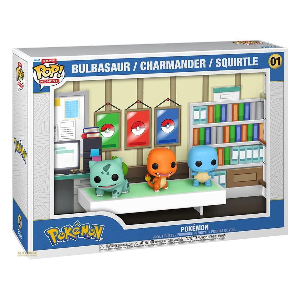 Pokémon Pop! Deluxe Moment Set mit Bulbasaur, Charmander und Squirtle Figuren im Labor.