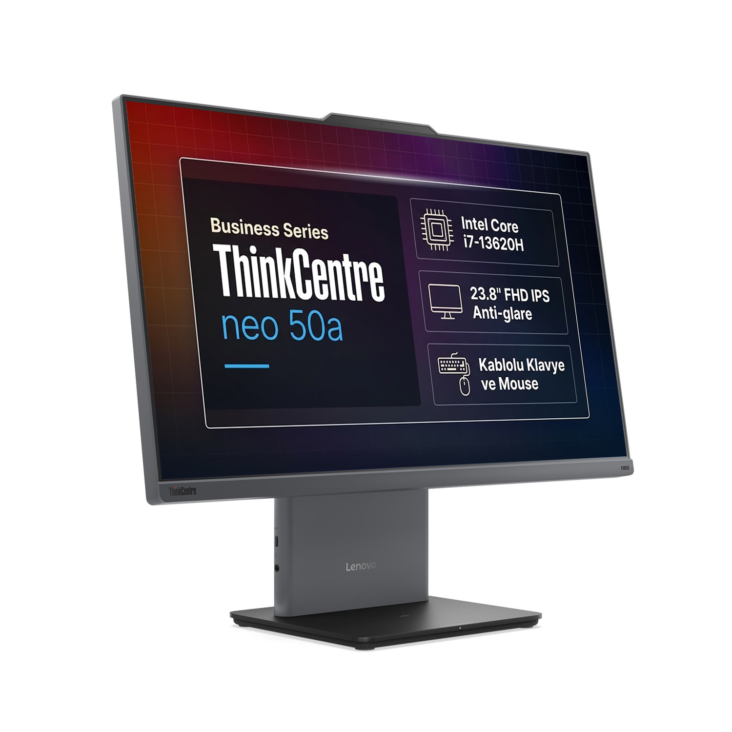 Beyaz arka planda ekranında teknik özellikler gösteren Lenovo ThinkCentre neo 50a hepsi bir arada masaüstü bilgisayar.