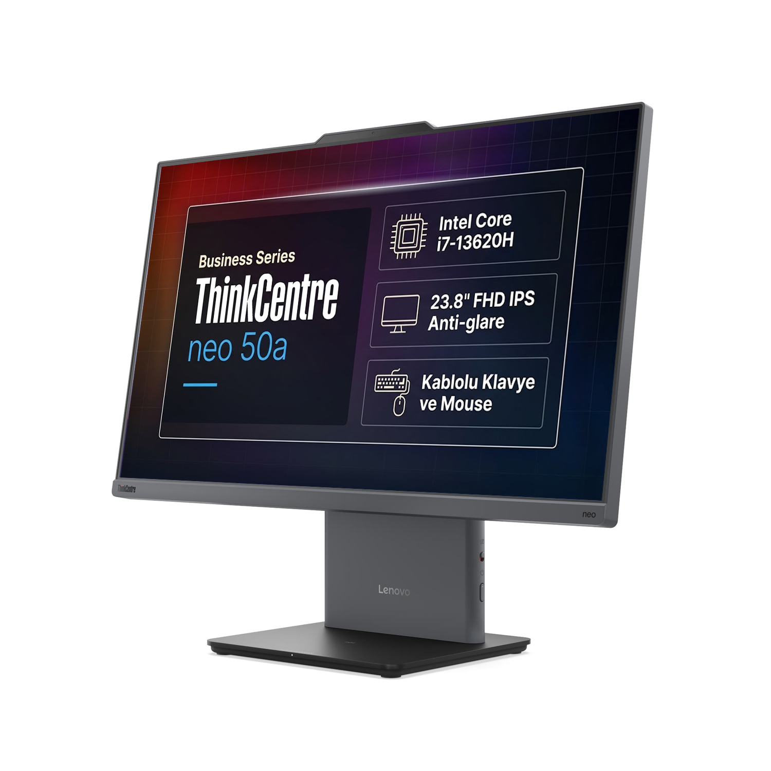 Beyaz arka planda i7 işlemcili ve 23,8 inç ekranlı Lenovo ThinkCentre neo 50a hepsi bir arada bilgisayar.