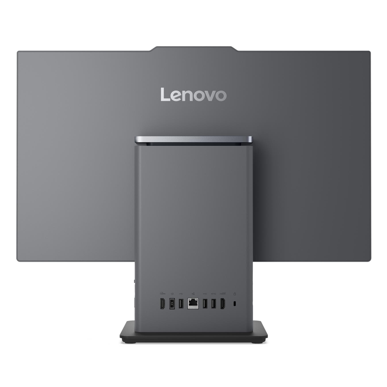 Entegre dock'a ve çeşitli bağlantı noktalarına sahip gri Lenovo monitörün arkası.