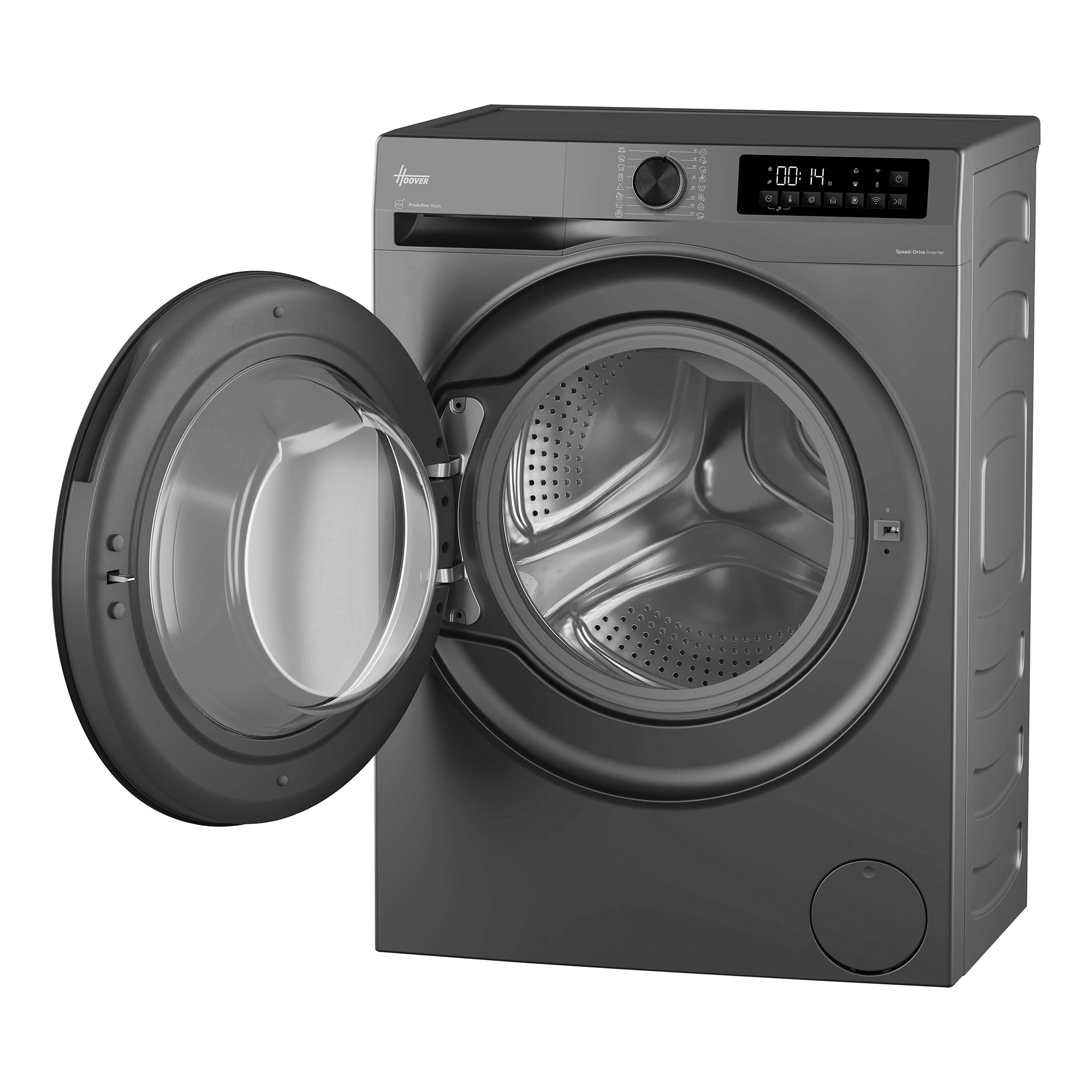 Dunkelgraue Waschmaschine mit offener Tür, digitalem Display und Drehknopf auf weißem Hintergrund.