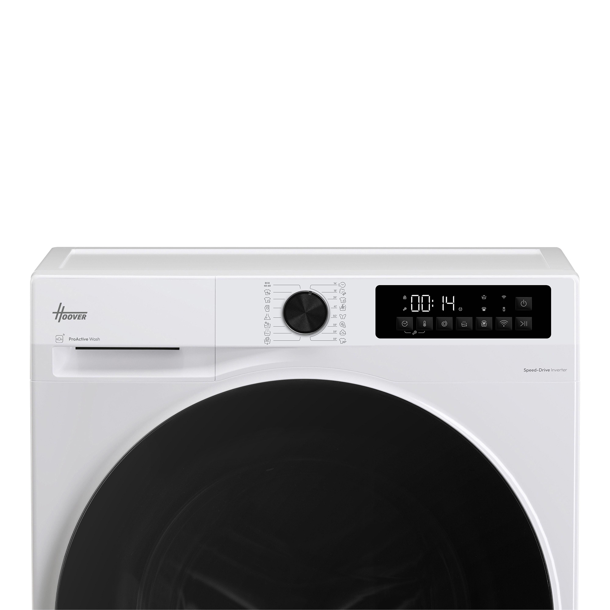 Weißes Hoover Waschmaschinenbedienfeld mit zentralem Drehregler, Digitalanzeige und Knöpfen.