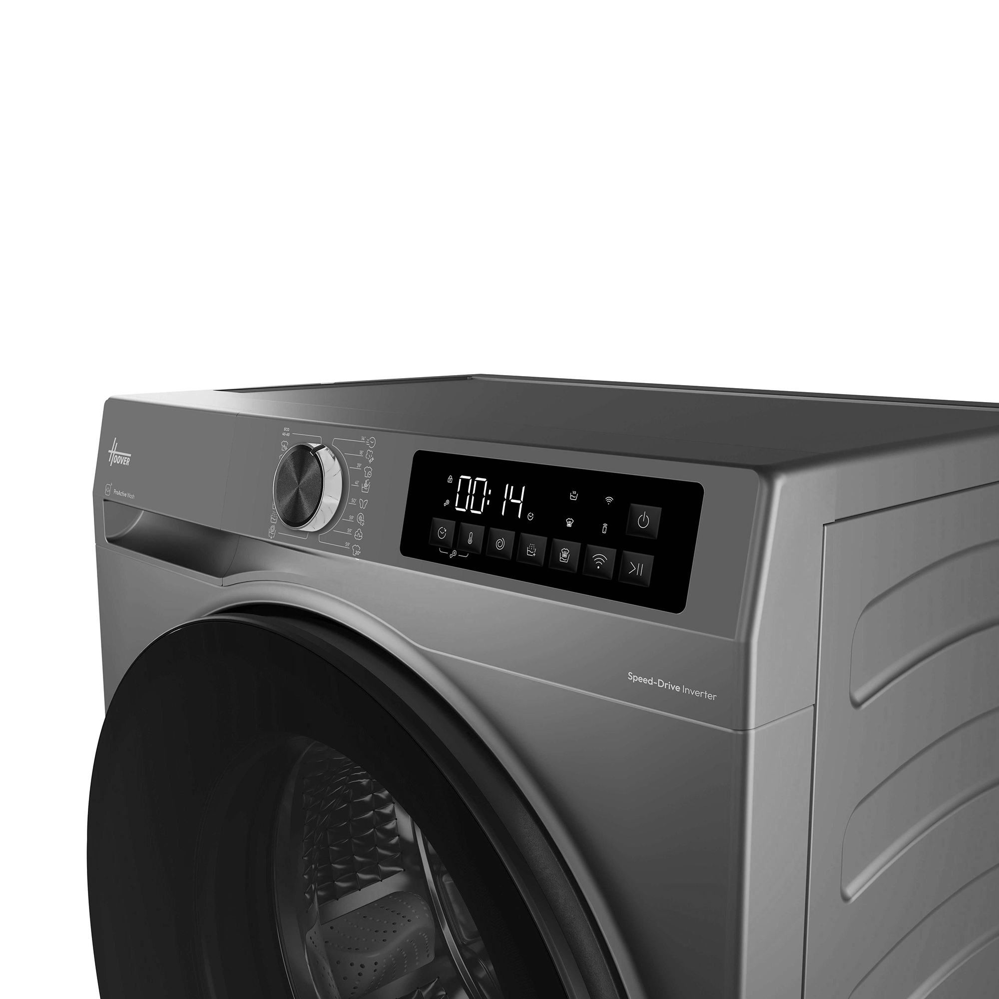 Nahaufnahme einer grauen Hoover Waschmaschine mit schwarzem Bedienfeld und digitalem Display.