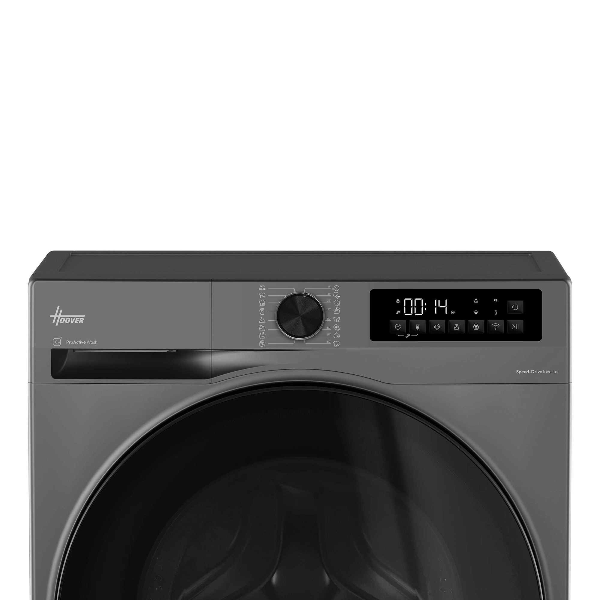 Graue Hoover Waschmaschine Bedienfeld mit Digitaldisplay und Drehregler.